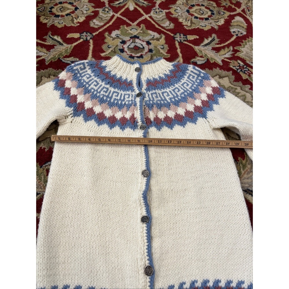 Women's M Ivory Hand Knit Fair Isle Scandinavian Cardigan Sweater Acrylic Wool - Picture 6 of 14
